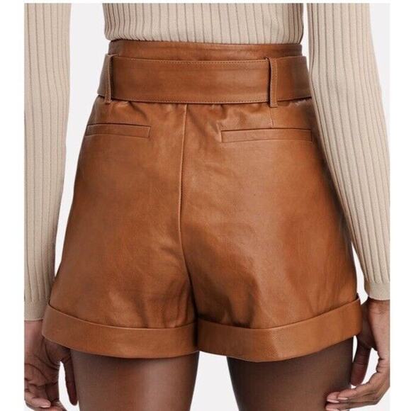 Frame Lambs Leather Pleated Front Belted Paperbag Shorts In Camel Size 28 - Picture 4 of 14